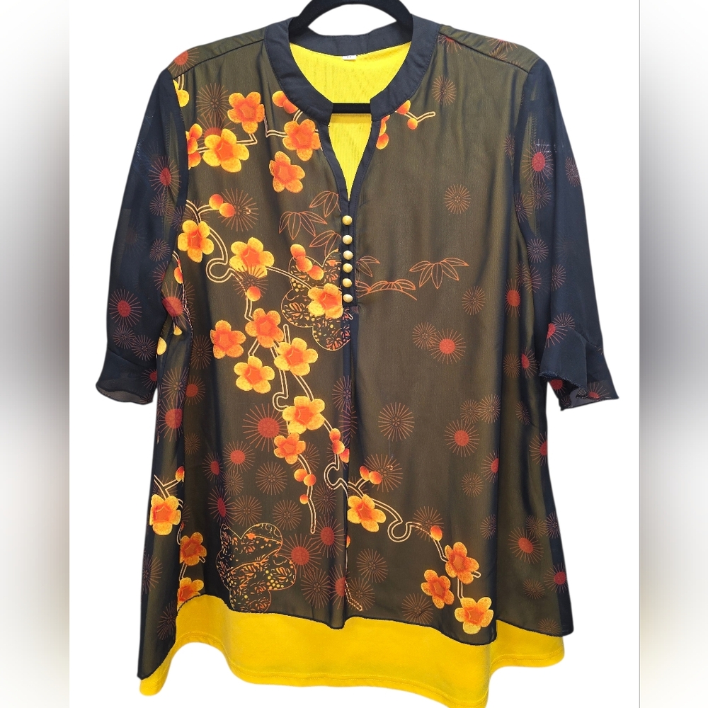 Floral Chiffon Layered Tunic Top Yellow Orange Black XL 3/4 Sleeve Button Detail